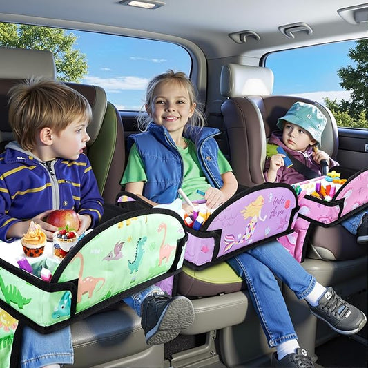WENRENER 3PCS Kids Travel Tray for Airplane - Toddler Car Seat Table Tray, Road Trip Essentials for Boys & Girls, Carseat Lap Desk for Kids Road Trip Activities (Pink/Green-/Purple)