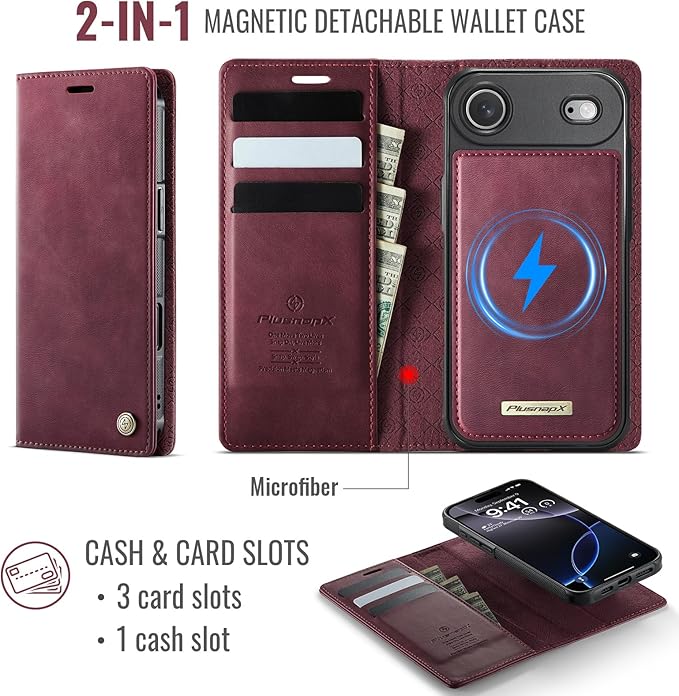 PlusnapX Wallet Case for iPhone Air Compatible with Magsafe, 2-in-1 PU Leather Flip RFID Blocking Card Holder Stand ShockAirof Magnetic Detachable Case for iPhone 17 Air Case 6.5", Burgundy