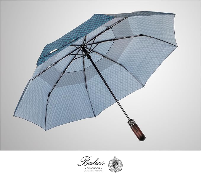 Balios Travel Folding Umbrella with Real Wood Handle Auto Open Close Vented Windproof Canopy - Designed in UK