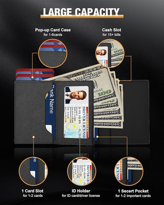 Mens Wallet Card Holder - Pop Up Aluminum Case, Premium Flexible Microfiber Leather, Smart Wallet for Men, RFID Blocking, Slim, Minimalist, Front Pocket - 9-14 Card Capacity | ID Window | Cash Slot