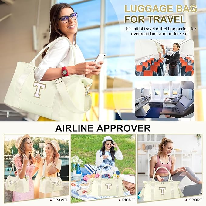 Dance Gym Duffel Bag for Teen Girls, Personalized Initial Travel Weekender Bag,Cute Overnight Carry On Duffle for Women,Sports Travel Cheer Bag,Monogram Christmas Gifts for Tween Preppy(beige-T)