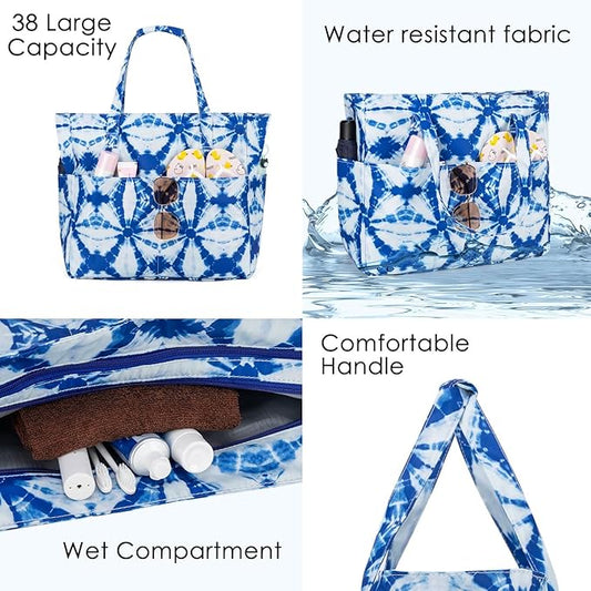 KABAQOO Extra Large Beach Bag Waterproof Sandproof Women Beach Tote with Zipper & Wet Compartment for Pool Gym Grocery Travel