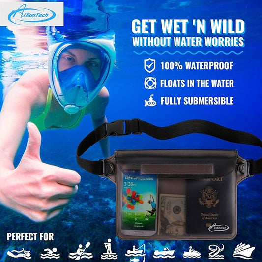 AiRunTech Waterproof Fanny Pack, Beach Cruise Vacation Essentials, Waterproof Pouch Protect Phone Passport Valuables Dry Safety, Paddle Board Kayaking Boating Swimming Accessories-2 Pack(Black + Pink)