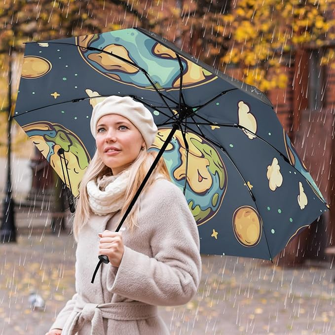 panksolu Folding Umbrella Earth Compact Travel Umbrella Automatic Portable Lightweight Windproof Umbrellas for Sun Rain UV Protection Large Portable Umbrellas