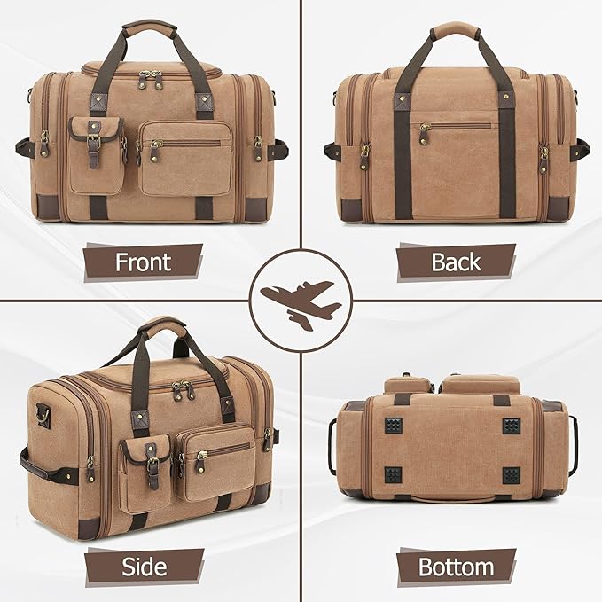 THYWD Canvas Duffle Bag for Travel Men and Women, 55L Expandable Large Overnight Weekender Luggage Bag, Vintage Carry on Bags for Airplanes, Travel, Hospital Labor Delivery, Camping, Gym