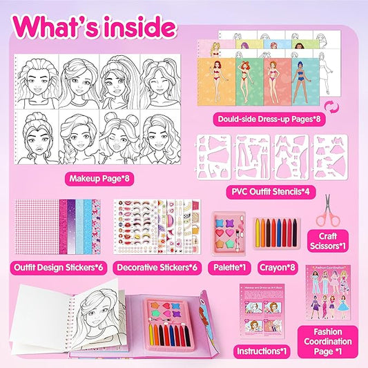 Mocoosy Makeup Craft Kit for Girls Ages 6-8, Pretend Makeup Coloring Activity Book with Stickers, Fashion Designer Kit for Girls Art & Craft, Travel Game Road Trip Toy Gift for Girl 5 6 7 8 Years Old
