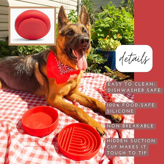 Should We Go? Dog Water Bowl - The Perfect Dish No-Spill Less Mess Non-Tippable Water & Food Bowl, Pure Silicone with Suction Cup Fits 5 Cups 7.5" Across x 2.25" Tall Ideal for All Pets, Medium-Cherry