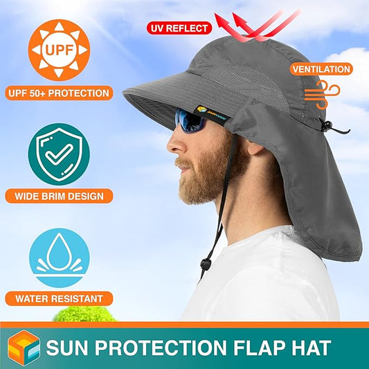 SUN CUBE Wide Brim Sun Hat with Neck Flap, UPF50+ Hiking Safari Fishing Hat for Men Women, Sun Protection Beach Hat