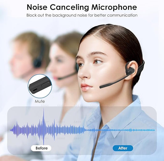 Open Ear Headphones with Mic, Bluetooth Headset with Microphone, Dual Connect Bluetooth 5.3 with AI Noise Cancelling Mic & Mute Function, Wireless Headset for Work, Sports, Drive