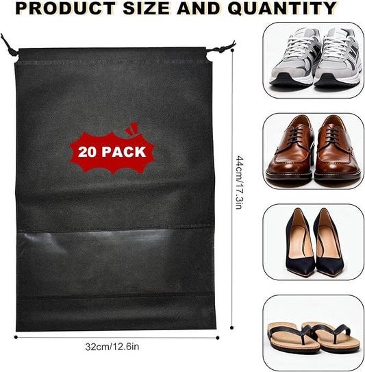 20 Pack Shoe Bags for Travel, 17" x 12.6" Drawstring Shoe Organizers with Clear Window, Breathable Non-Woven Dustproof Pouches for Luggage & Closet (Black)