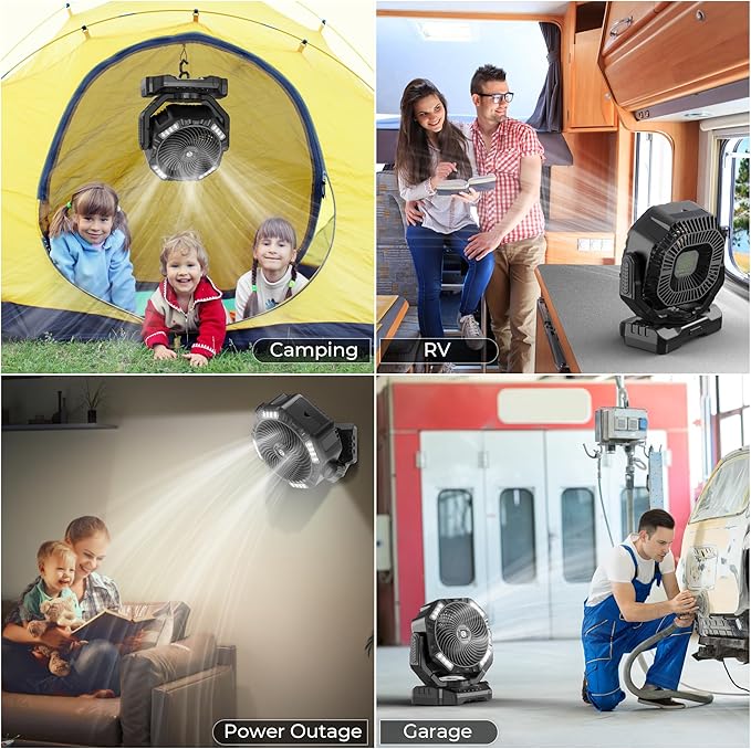 40000mAh Camping Fan with Light - 12in Rechargeable Battery Powered Fan (136H Cool Max), 90°Auto Oscillating with Remote & Charger, 4 Speeds & Timers for Outdoor/Patio/Garage/Jobsite/Hurricane/Outage