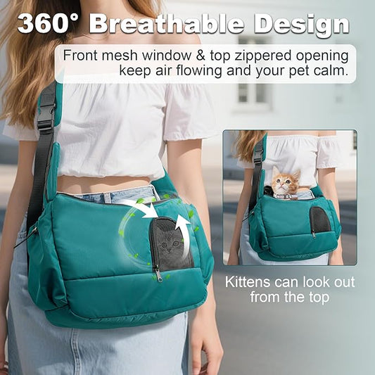 Cat Sling, Hands-Free Cat Carrier Pouch up to 7 lb, Cat Sling with Safety Strap and Pockets, Ideal for Travel and Daily Use, Peacock Blue