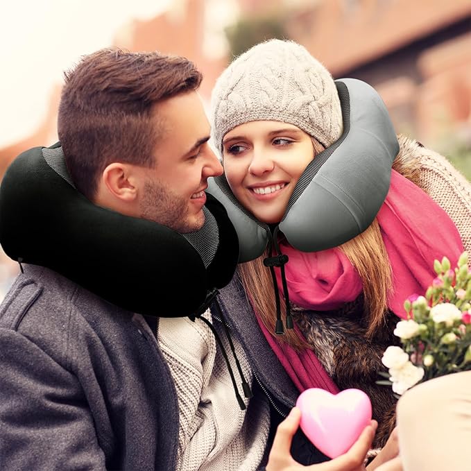 Neck Pillow Airplane-2 Pack Memory Foam Travel Pillow, Soft Support Travel Neck Pillow for Travelling, Sleeping Rest, Car, Train and Home Use (Black&Grey)