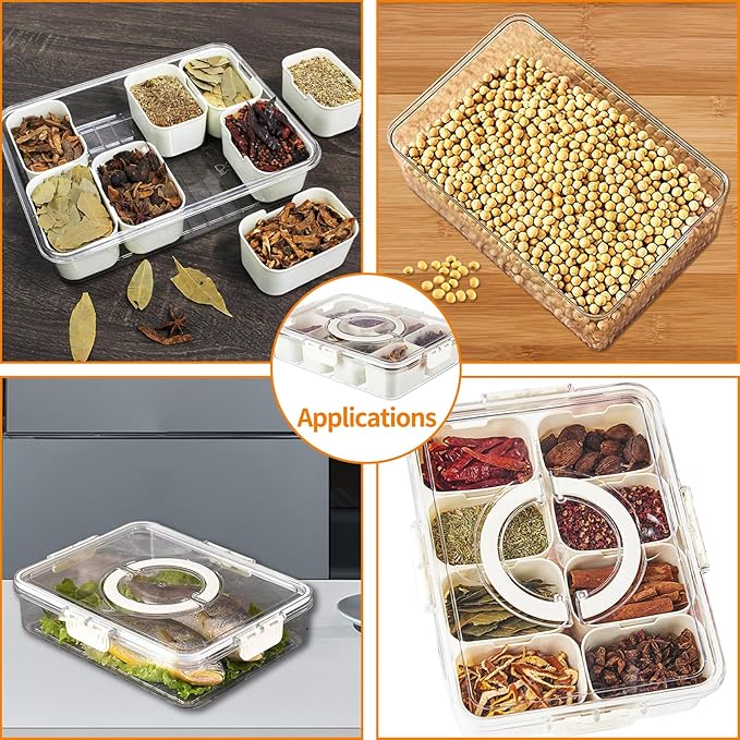 Divided Serving Tray with Lid & Handle, Plastic Portable Food Storage Container Snack Platters, 8 Removable Compartment Box for Parties, Reusable Appetizer Clear Organizer for Veggie, Candy, Fruit,Nut