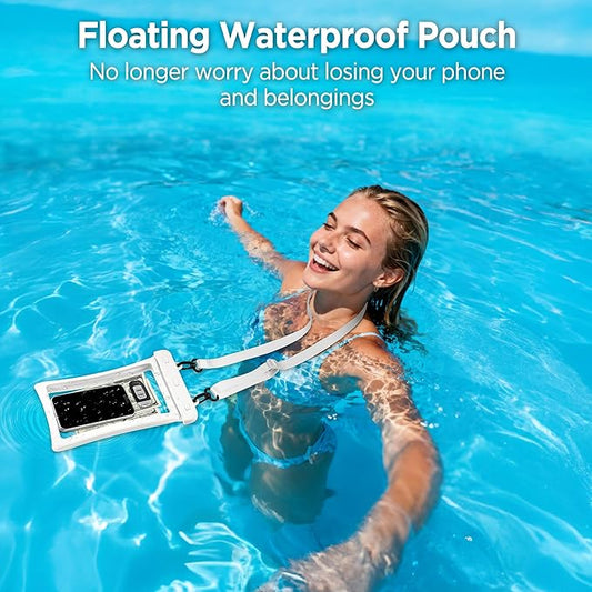CACOE [Floatable Floating Universal IPX8 Waterproof Phone case 2 Pack-Up to 10.0",Adjustable Lanyard Phone Pouch,Dry Bags for Vacation Beach Pool Kayak Cruise Travel Essentials(White+Light Blue)