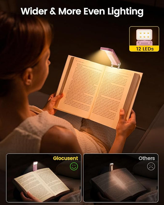 Glocusent 12 LED Rechargeable Book Light, Clip-on Reading Lamp with 5 Colors & 5 Brightness Levels, Up to 100Hrs Runtime, Eye-Caring Reading Lights for Books in Bed, Perfect for Book Lovers, Kids