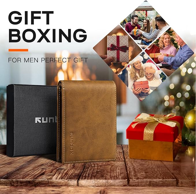 RUNBOX Wallet for Men Slim Leather Bifold RFID Blocking Minimalist Front Pocket Design with Gift Box