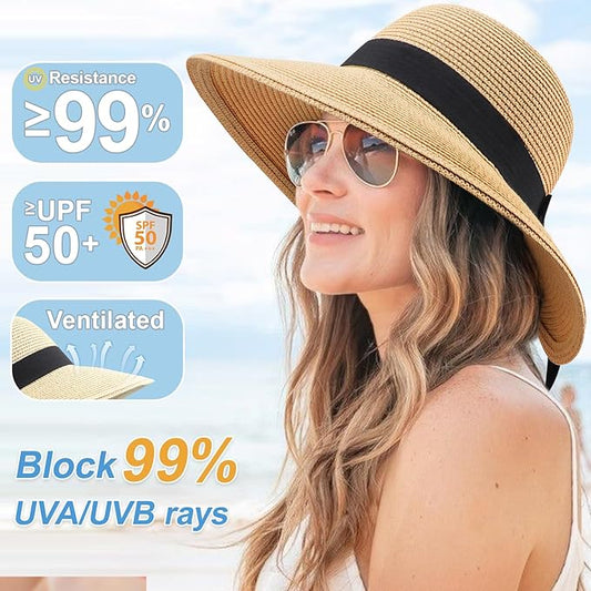 DRESHOW Sun Hats for Women Travel Fedora Foldable Beach Sun Hat Summer Wide Brim Straw Bucket Hat with Bowknot UPF 50+