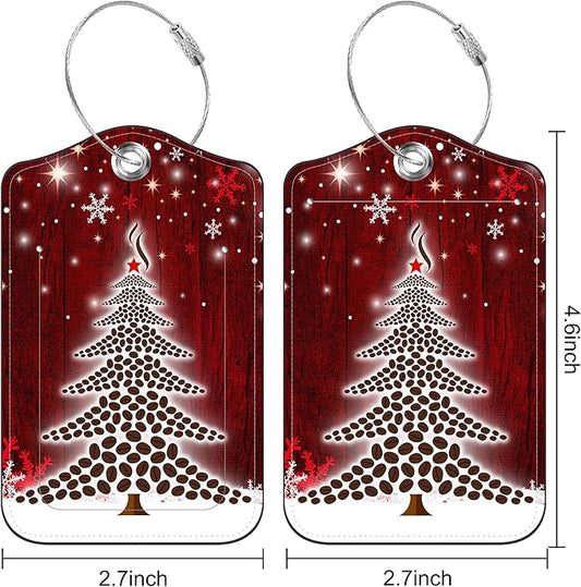 2 PCS Leather Luggage Tags for Suitcase Christmas Tree Snowflake Red Travel Luggage Tag with Privacy Flap Name ID Label and Metal Loop for Travel Bag Suitcase