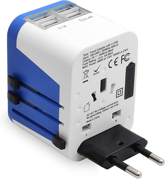 Ceptics Universal Travel Adapter Plug World Power W/ 4 USB Ports - Charge Cell Phones, Smart Watches, iPhones - For International Europe, China, UK, UAE, Australia - Type A, C, G, I