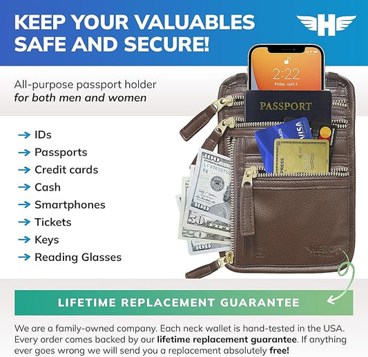HERO Neck Wallet, RFID Blocking Passport Holder, Vegan Leather Travel Pouch (Brown)