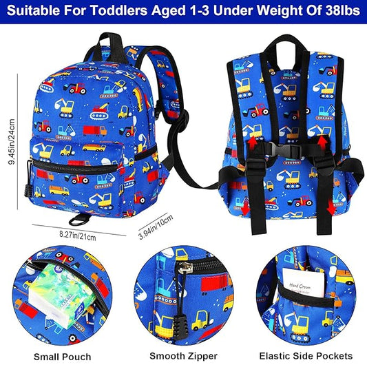 Accmor Toddler Backpack Leash with Anti Lost Wrist Link, Cute Mini Child Walking Harnesses Keep Kids Close Back Pack Rope Tether Rein for Baby Boys (Blue/Excavator)