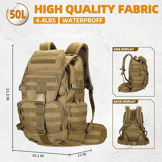 HongXingHai 50L Military Tactical Backpack 3 Day Assault Pack Molle Daypack Hiking Backpack for Men and Women (Khaki)