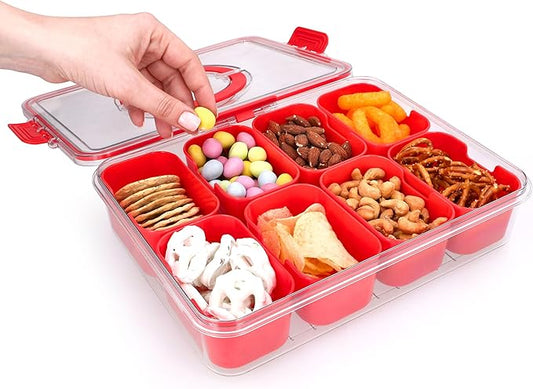 Snackle Box Container with Lid- Travel Charcuterie Box with Handle - Organizer for Candy, Fruit, Nuts, Veggies, Snacks, Beach Essentials, Portable Lunch Box (Red, Large)