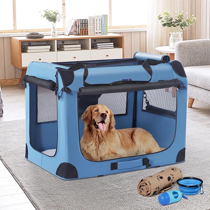 Petprsco Soft Collapsible Dog Crate, 40 inch Portable Dog Crates for Large Dogs, XL Dog Crate for Travel, 3 Door Foldable Pet Kennel with Durable Mesh Windows Indoor & Outside