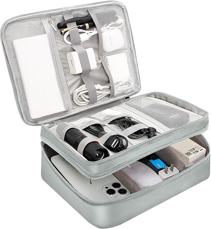 Electronics Travel Organizer, Double Layer Cable Organizer Bag Waterproof Electronics Accessories Storage Bag for Charger, Phone, Power Bank, Hard Drive, Cord, Tablet