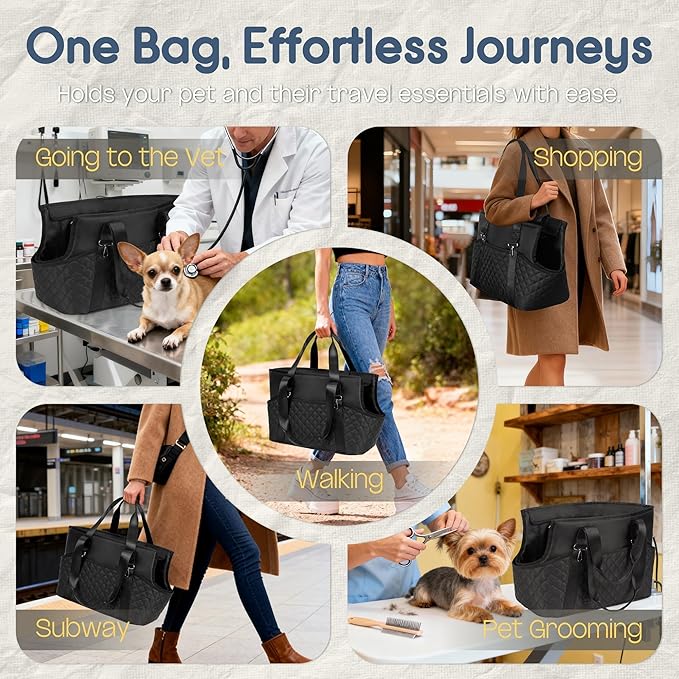 YUDODO 4-12lbs Dog Tote Bag for Women, Lightweight Small Dog Purse Carrier with Large Pockets & Safety Clip, Pet Shoulder Handbag for Travel, Outing, Vet, Black