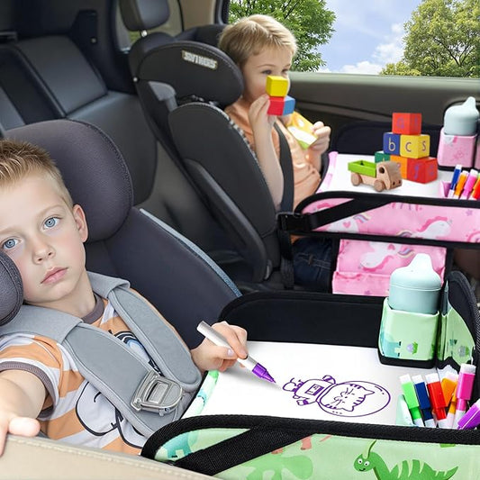 WENRENER 2PCS Kids Travel Tray, Car Seat Tray for kids Travel, Toddler Road Trip Essentials With Drawing Kit, Toddler Lap Desk Organizer for Car, Carseat Table for Airplane