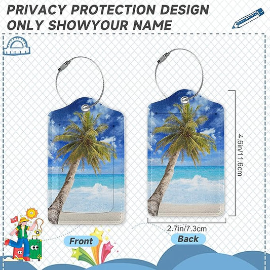 Beach Sea Luggage Tags for Suitcases,2 Pack Coconut Palm Tree Luggage Tag,Leather Stainless Steel Loop Label Tag for Women Men Girls Travel Bag Suitcase