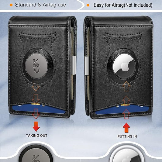 KS Mens Wallet Gift Airtag or Standard Use,Slim Front Pocket Leather Wallet Money Clip 11 cards RFID Blocking