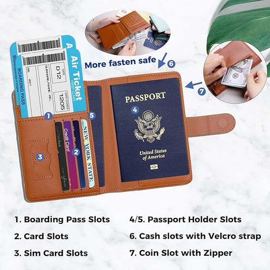 Cnycmy Passport Holder with RFID Blocking, Cash Pocket & Back Zipper Coin Pocket - Travel Document Holder, Magnetic Button, Multiple Card Slots - Soft PU Leather for Men and Women (BROWN)