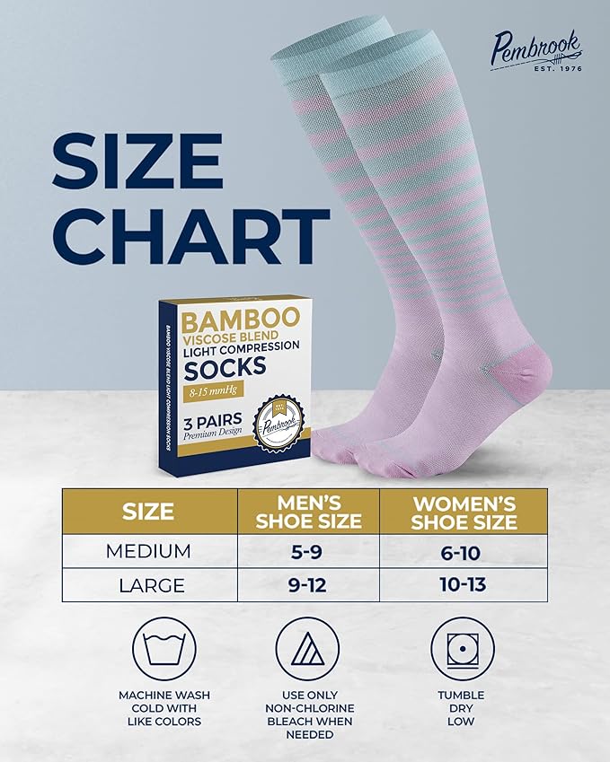 Pembrook Bamboo Viscose Light Compression Socks - 3 Pairs | 8-15 mmhg Compression Socks | Knee High Comfort Support Socks