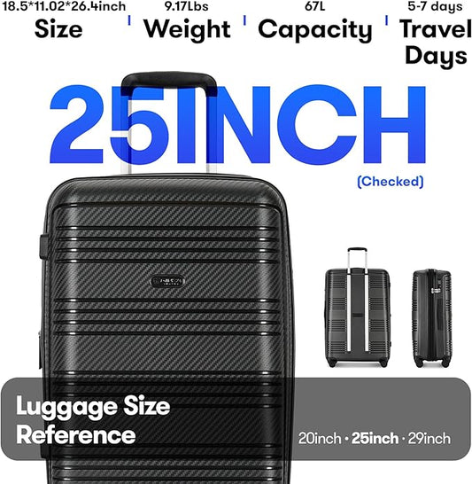 GinzaTravel 25 Inch Medium Checked Luggage Lightweight Suitcase with Spinner Wheels TSA Lock, Black