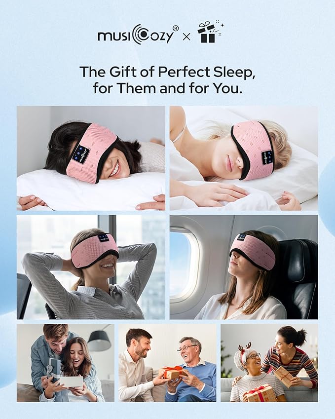 MUSICOZY Bluetooth Sleep Headphones for Side Sleepers, Wireless Headphones with Ultra-Thin Speakers in Comfortable Eye Headphone for Sleeping, Travel, Workout(Mesh Pink)