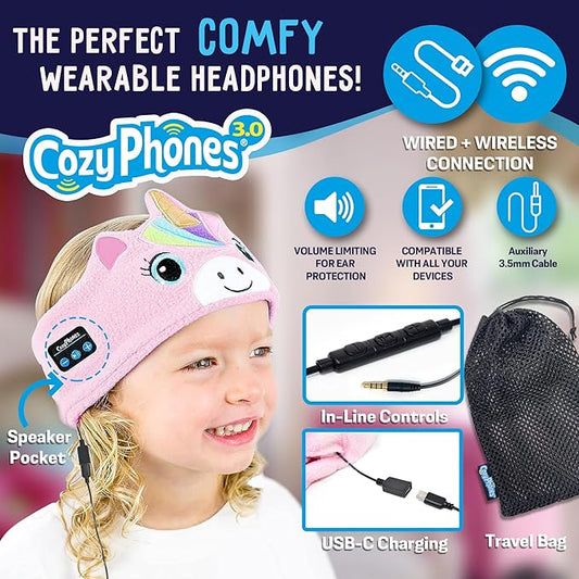 Toddler Headphones Wireless, Kids Bluetooth Earphones, Safe Volume - Wired School Headphones for Kids with 3.5 MM Jack and Travel Bag - Toddler Airplane Accessories for Boys & Girls - Pink Unicorn