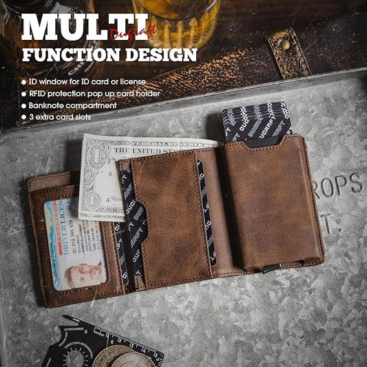 DUGRAFT Mens Wallet for Max.11 Cards with Pop Up Credit Card Ejector Case RFID Blocking, Bills/Cash Compartment and ID Window, Giftbox Packed, Brown