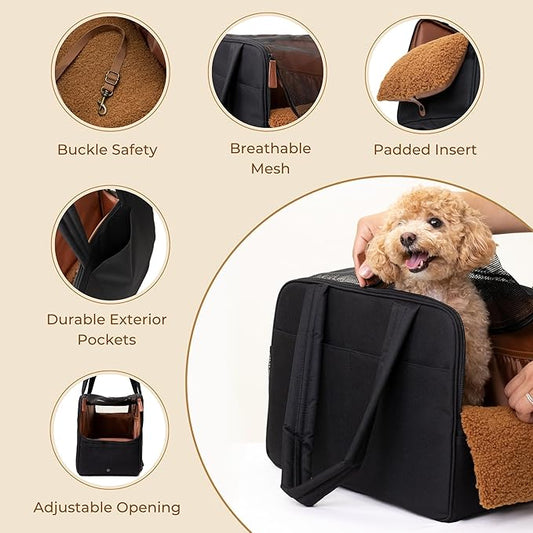 Black Dog Purse Carrier for Small Dogs โ Cotton Padded Interior, Multiple Pockets, Breathable Mesh & Comfortable Strap, Durable Polyester Travel Bag, Lightweight Cat Carrier, Versatile Small Pet Bag