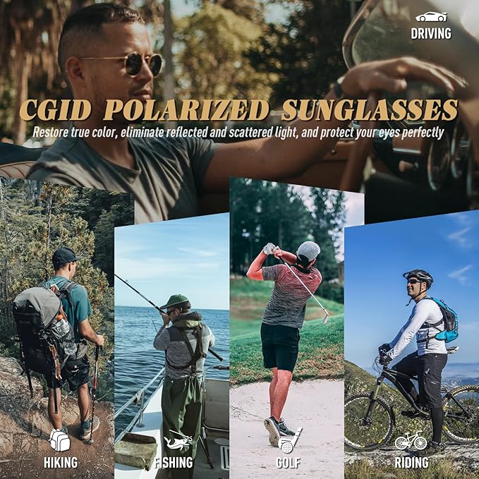 CGID Sunglasses Men Womens Polarized Lightweight Retro Black Shades UV400 Driving Fishing Golf