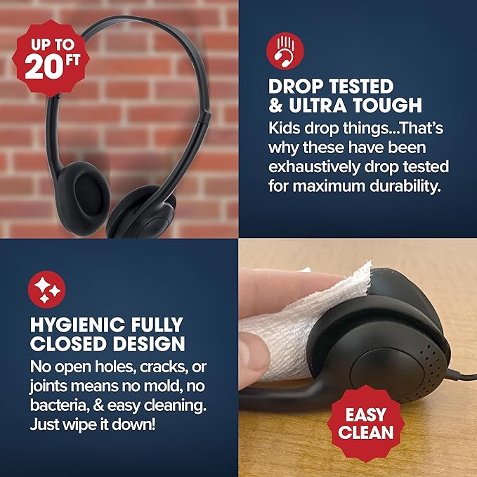 SENTRY Rugged Small On Ear School Headphones Bulk, 3.5mm Jack, Great for Kids, Teens, Students, Classroom, Libraries, Office, Online Learning, with Hygenic Design (48, 48, Pack)