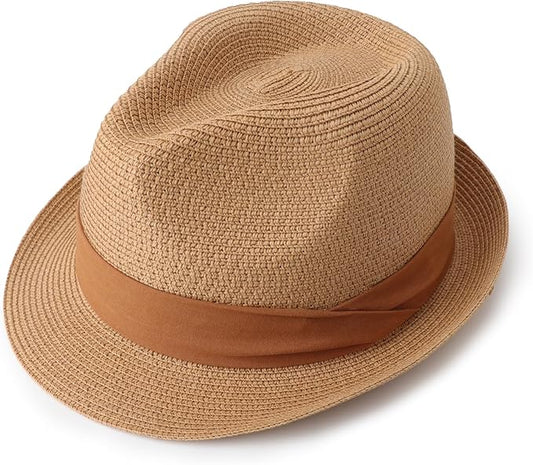 DRESHOW Women Straw Panama Hat Travel Fedora Beach Sun Hat Summer Wide Brim Straw Roll up Hat UPF 50+