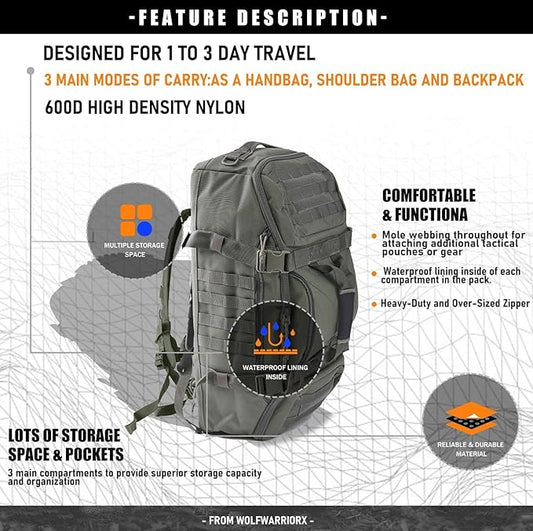 Miramrax Travel Duffle Bag Backpack for Men - Large Tactical Bags Weekender Gym Bag for Overnight Traveling Military Workout Deployment Sports (Green, 80L)