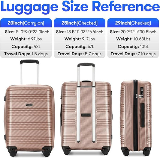GinzaTravel 3 Piece Hardshell Expandable Luggage Sets with Spinner Wheels TSA Lock,Large Suitcases with Wheels, 20inch 25inch 29inch, Rose Gold