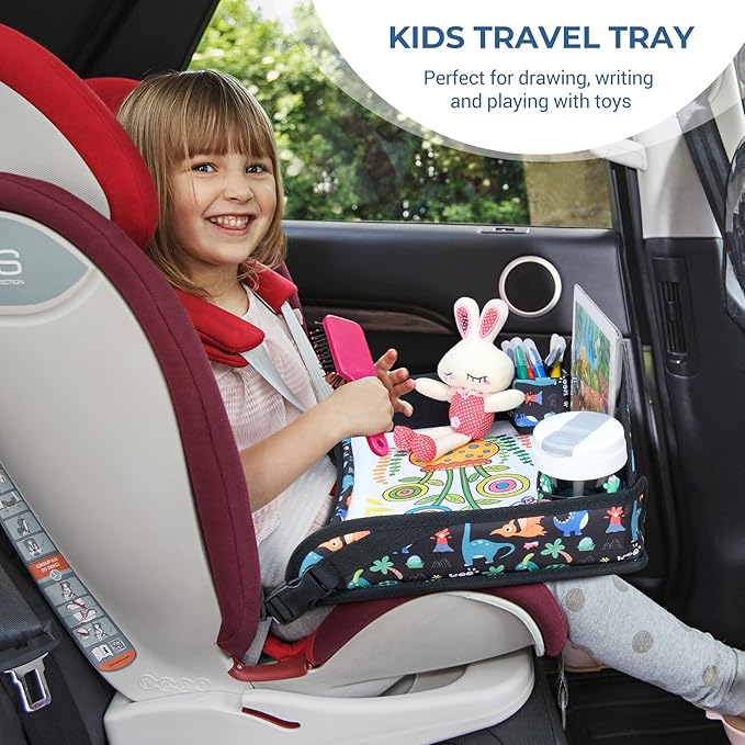 COOLBEBE Kids Travel Tray for Toddler Car Seat, 2PCS Travel Tray for Airplane, Toddler Car Seat Lap Tray, Carseat Table Tray for Kids Travel Activities(Dinosaur & Pink Unicorn)