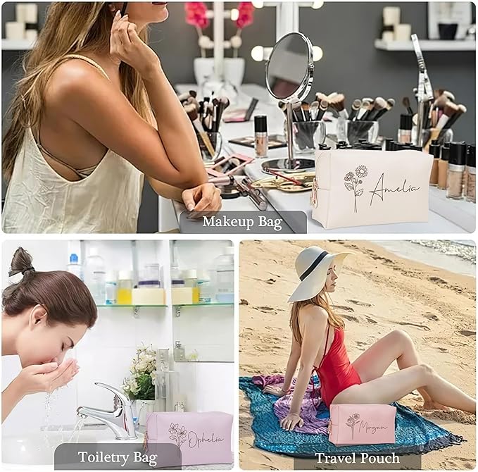 DayOfShe Personalized Bridesmaid Gifts Makeup Bag with Name and Birth Flower, Custom Travel Makeup bag for Toiletries Bridal Shower Gifts