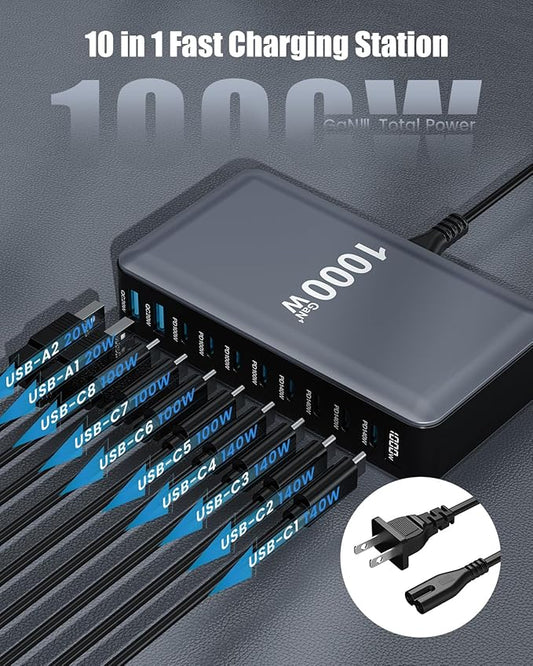1000W USB C Charger Block,10-Port USB C Charging Station GaN IV Travel Essentials Multiple Port Charging Station,140W Laptop Fast Charger Adapter for MacBook Pro/Air,DELL,iPad,iPhone,Samsung Galaxy