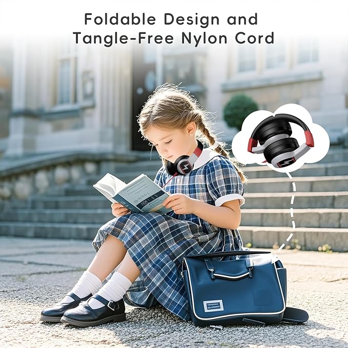 Kids Headphones, Wired Headphones for Kids Over Ear with Microphone, 85/94dB Volume Limiter Headphone for Girls Boys, Foldable Headphone for Learning & Entertainment, Black and Red